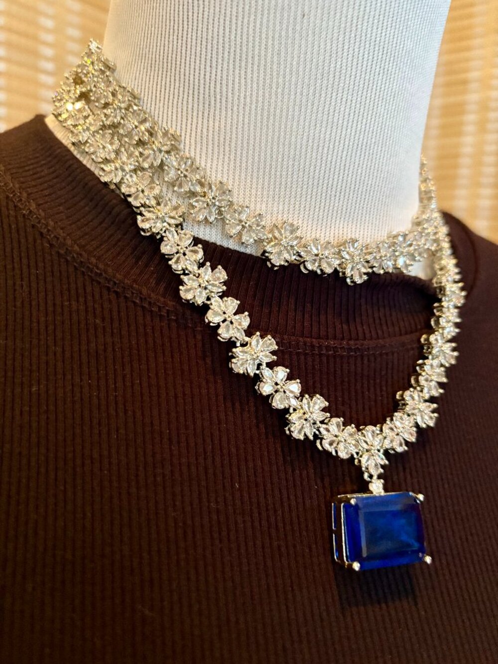 Double Layer Cubic Zirconia Rhodium Plated Faux Sapphire Necklace